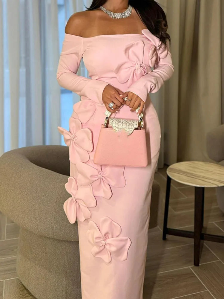 Robe longue élégante, épaules dénudées, manches longues, slim, mode fleur dimensionnelle, rose, portefeuille aux hanches, Sexy, dos nu, couleur unie