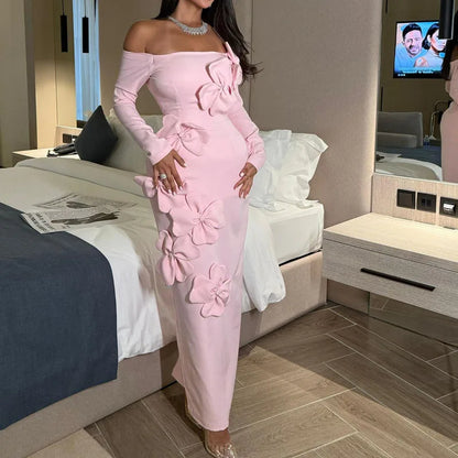 Robe longue élégante, épaules dénudées, manches longues, slim, mode fleur dimensionnelle, rose, portefeuille aux hanches, Sexy, dos nu, couleur unie