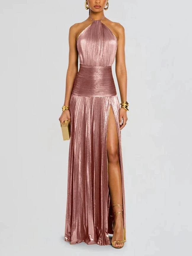 Robe de soirée dorée à col licou pour femme, Chic, couleur unie, plissée, dos nu, fente sur les hanches, mode, tendance, tenue de soirée