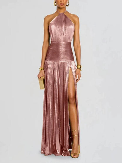 Robe de soirée dorée à col licou pour femme, Chic, couleur unie, plissée, dos nu, fente sur les hanches, mode, tendance, tenue de soirée