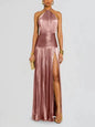 Robe de soirée dorée à col licou pour femme, Chic, couleur unie, plissée, dos nu, fente sur les hanches, mode, tendance, tenue de soirée