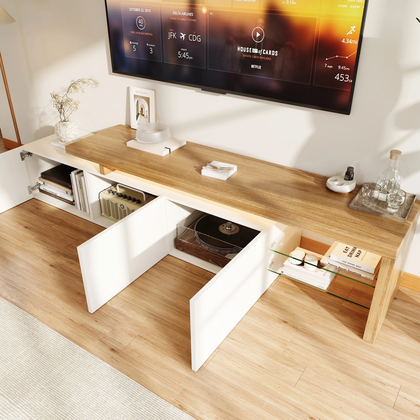 Rosahqnda TV Cabinet for Living Room,TV Lowboard,Sideboard, with LED,2 Glass Partition,3 Drawers,White High Gloss