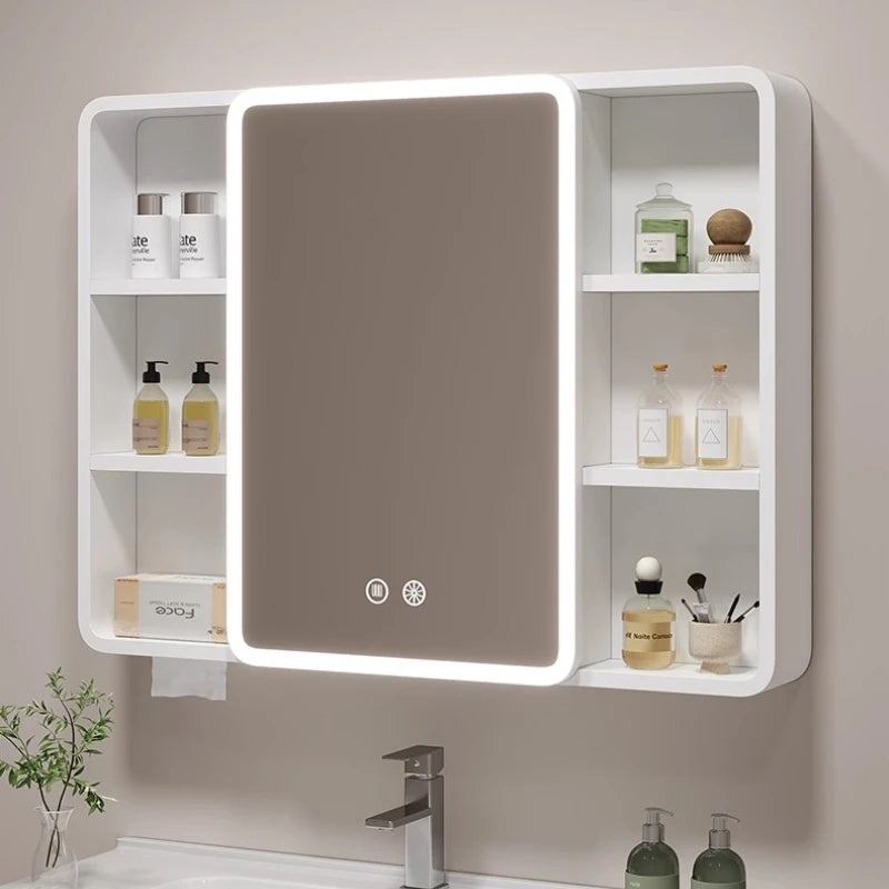 ‌ Armoire à miroir en aluminium à espace rond d'angle intelligent, rangement mural pour salle de bain avec étagères, organisateur de vanité pour armoire à médicaments