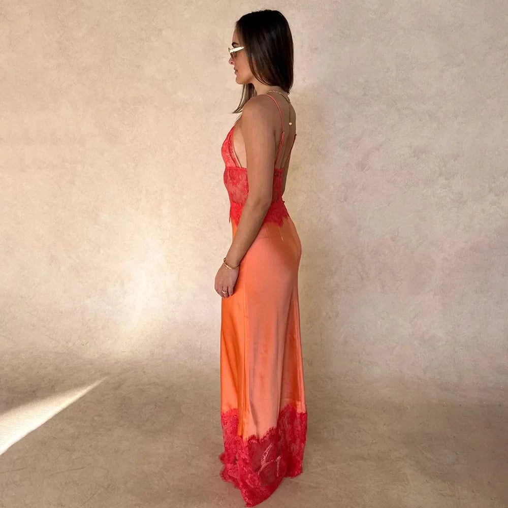 Robe longue sans manches en dentelle patchwork pour femme, dos nu, épaules dénudées, transparente, col en V, slim, maxi vestidos 2026, robe de vacances pour femme