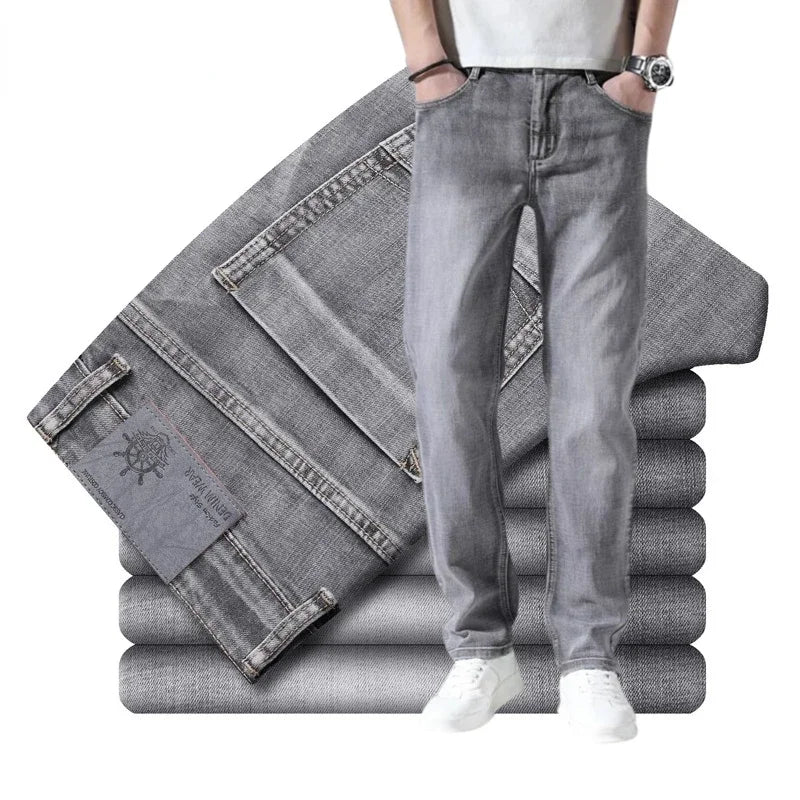 Pantalones vaqueros elásticos de algodón para hombre, Vaqueros de mezclilla finos informales de negocios, color gris, primavera y verano, nuevo ajuste recto y ligero