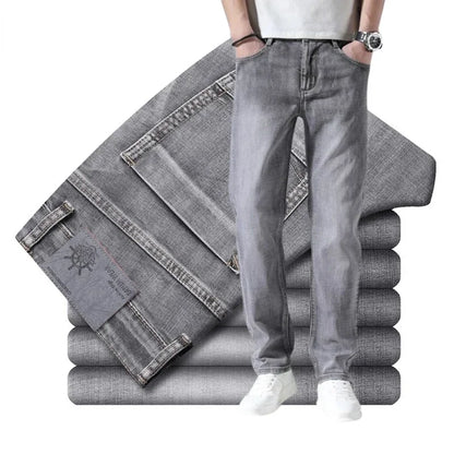Pantalones vaqueros elásticos de algodón para hombre, Vaqueros de mezclilla finos informales de negocios, color gris, primavera y verano, nuevo ajuste recto y ligero
