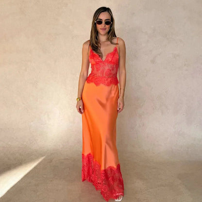 Robe longue sans manches en dentelle patchwork pour femme, dos nu, épaules dénudées, transparente, col en V, slim, maxi vestidos 2026, robe de vacances pour femme