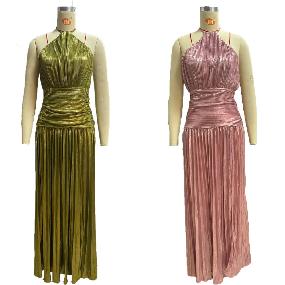 Robe de soirée dorée à col licou pour femme, Chic, couleur unie, plissée, dos nu, fente sur les hanches, mode, tendance, tenue de soirée