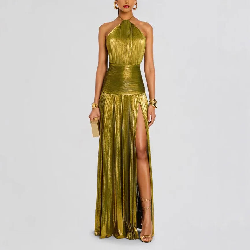 Robe de soirée dorée à col licou pour femme, Chic, couleur unie, plissée, dos nu, fente sur les hanches, mode, tendance, tenue de soirée