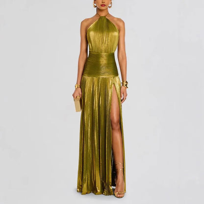 Robe de soirée dorée à col licou pour femme, Chic, couleur unie, plissée, dos nu, fente sur les hanches, mode, tendance, tenue de soirée