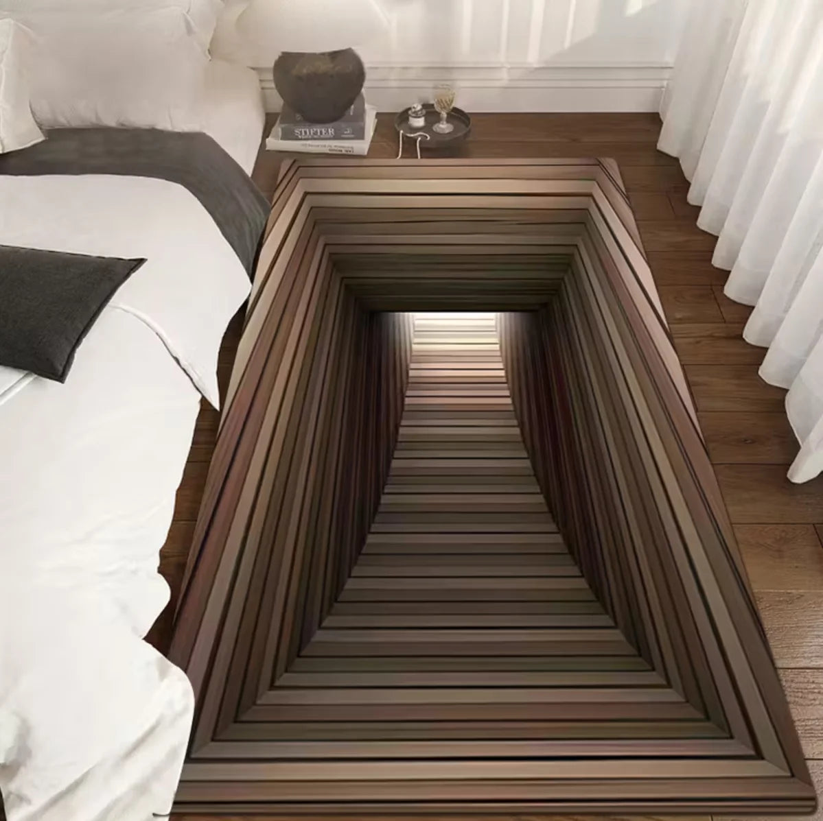Bedroom Hallway Runner Rug 3D Infinite Passage Optical Illusion Pattern Carpet Non-Slip Soft Easy Clean Creative Decor Home Mat