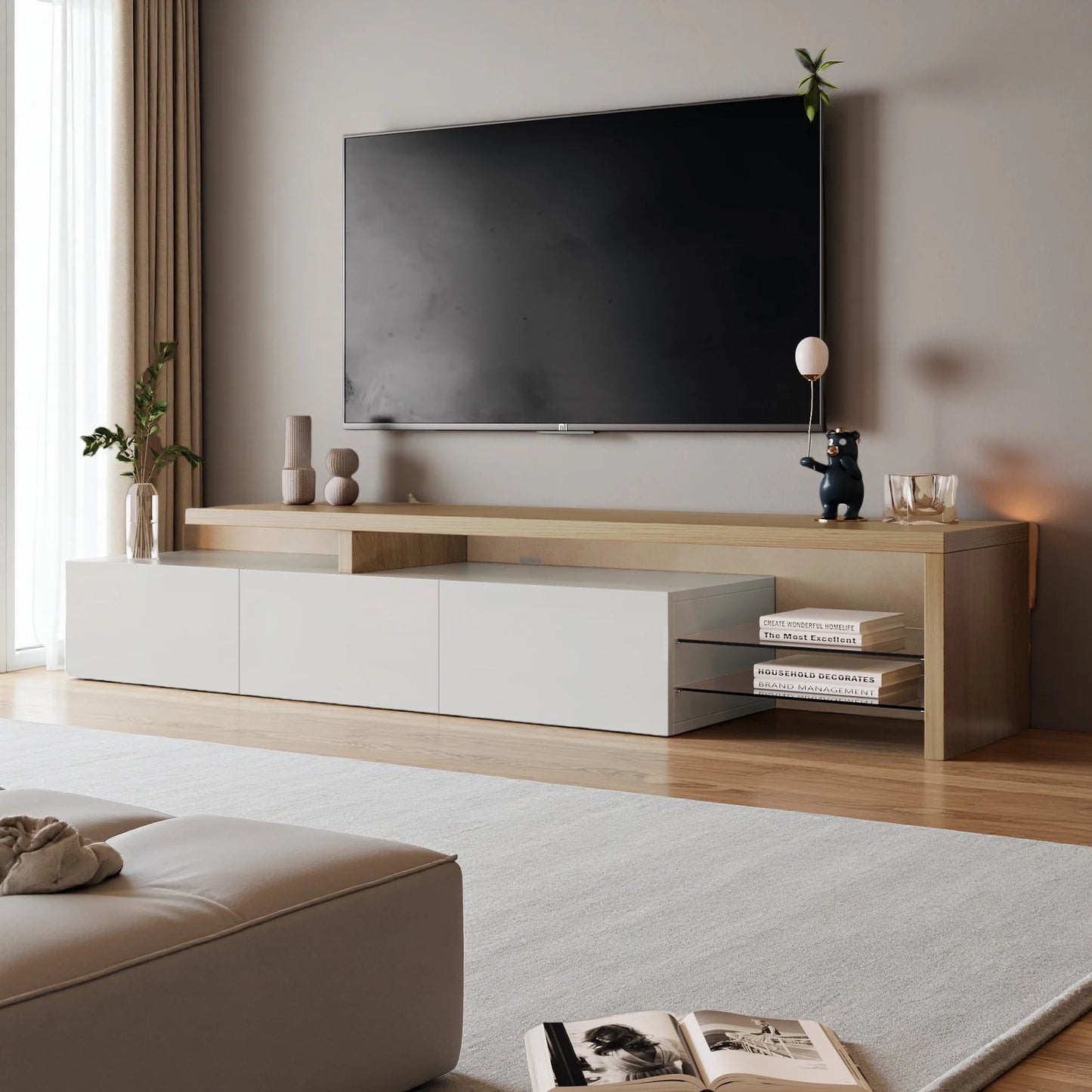 Rosahqnda TV Cabinet for Living Room,TV Lowboard,Sideboard, with LED,2 Glass Partition,3 Drawers,White High Gloss