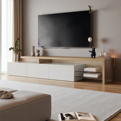 Rosahqnda TV Cabinet for Living Room,TV Lowboard,Sideboard, with LED,2 Glass Partition,3 Drawers,White High Gloss