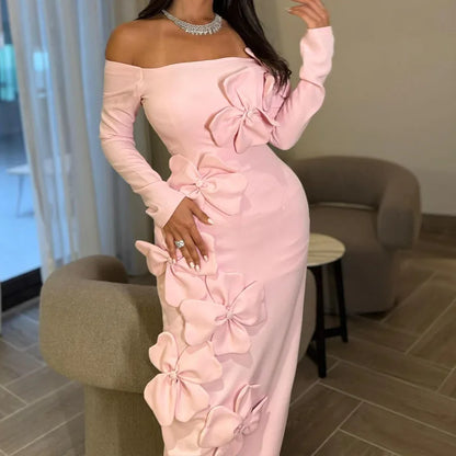 Robe longue élégante, épaules dénudées, manches longues, slim, mode fleur dimensionnelle, rose, portefeuille aux hanches, Sexy, dos nu, couleur unie