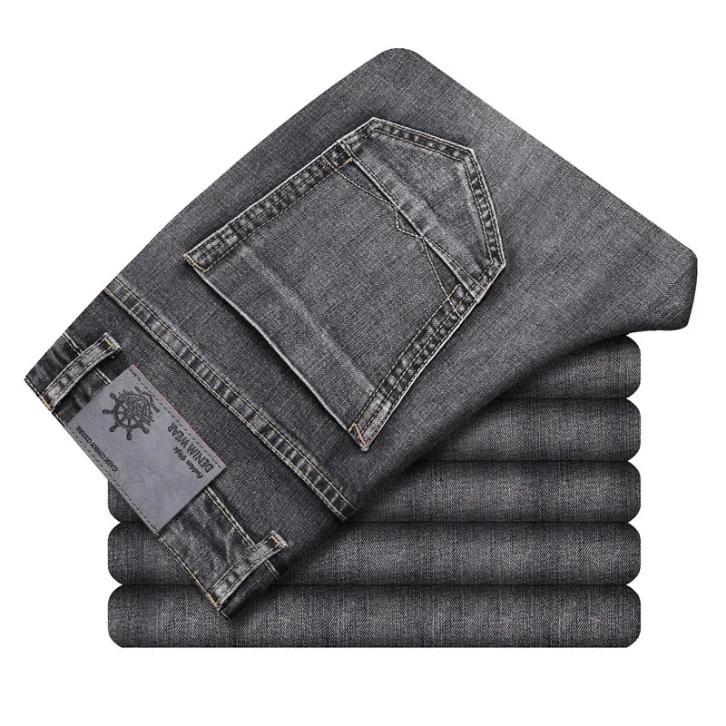 Pantalones vaqueros elásticos de algodón para hombre, Vaqueros de mezclilla finos informales de negocios, color gris, primavera y verano, nuevo ajuste recto y ligero