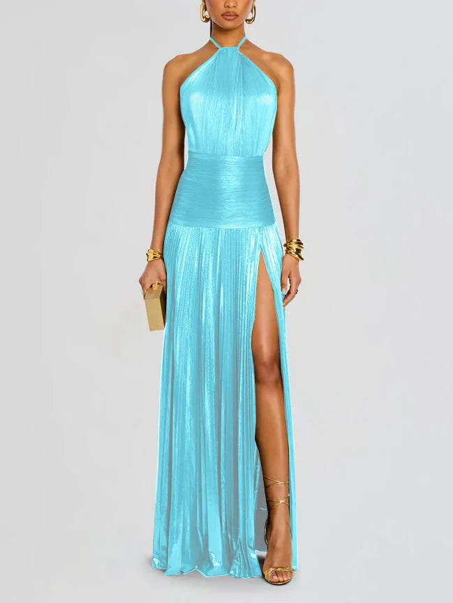 Robe de soirée dorée à col licou pour femme, Chic, couleur unie, plissée, dos nu, fente sur les hanches, mode, tendance, tenue de soirée