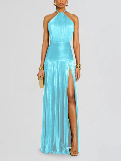 Robe de soirée dorée à col licou pour femme, Chic, couleur unie, plissée, dos nu, fente sur les hanches, mode, tendance, tenue de soirée