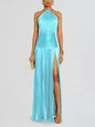 Robe de soirée dorée à col licou pour femme, Chic, couleur unie, plissée, dos nu, fente sur les hanches, mode, tendance, tenue de soirée
