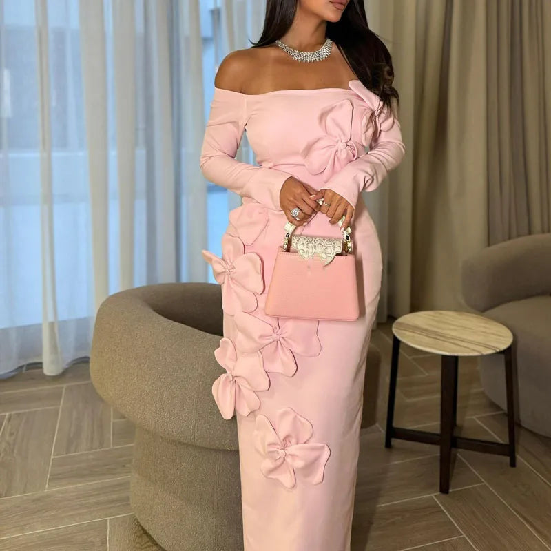 Robe longue élégante, épaules dénudées, manches longues, slim, mode fleur dimensionnelle, rose, portefeuille aux hanches, Sexy, dos nu, couleur unie