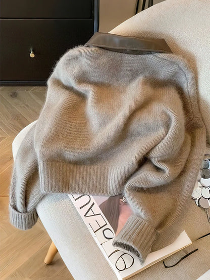 Patchwork Zipper Cropped Cardigan Women 400g Thick Autumn Knitted Sweater Bomber Jacket Vintage 2000s Short Fitted Knitwear Coat