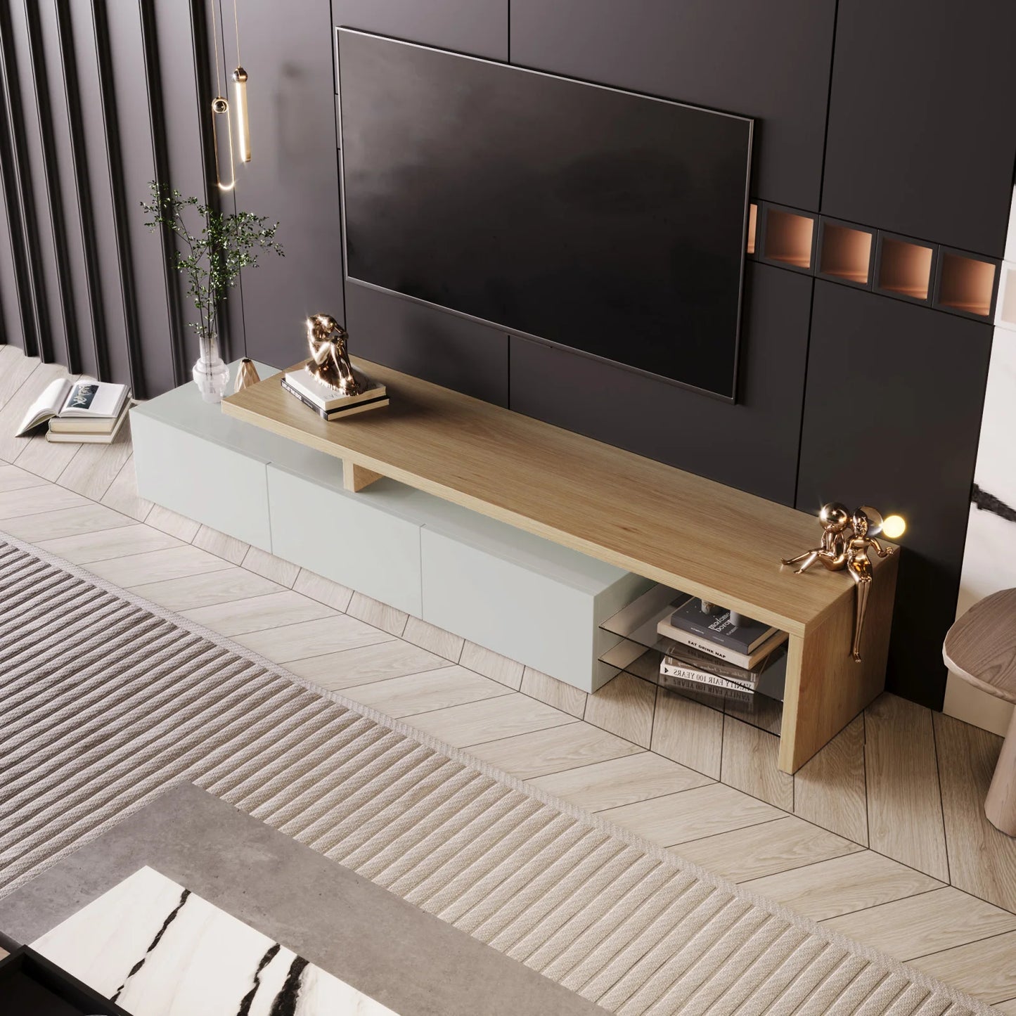 Rosahqnda TV Cabinet for Living Room,TV Lowboard,Sideboard, with LED,2 Glass Partition,3 Drawers,White High Gloss