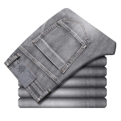 Pantalones vaqueros elásticos de algodón para hombre, Vaqueros de mezclilla finos informales de negocios, color gris, primavera y verano, nuevo ajuste recto y ligero