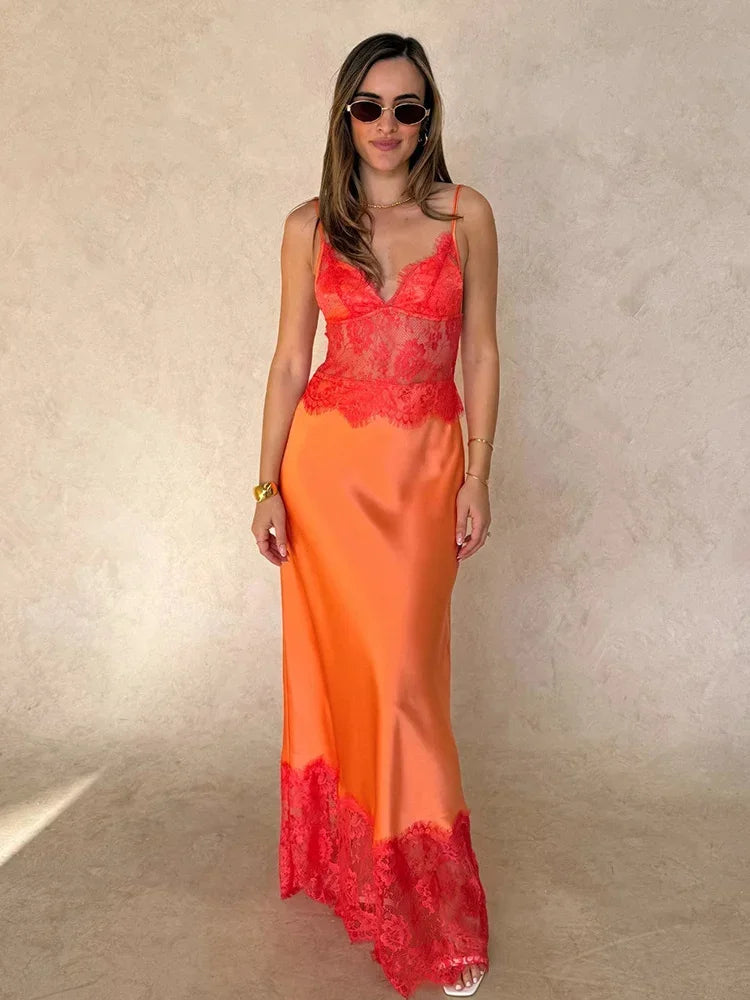 Robe longue sans manches en dentelle patchwork pour femme, dos nu, épaules dénudées, transparente, col en V, slim, maxi vestidos 2026, robe de vacances pour femme