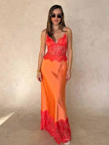 Robe longue sans manches en dentelle patchwork pour femme, dos nu, épaules dénudées, transparente, col en V, slim, maxi vestidos 2026, robe de vacances pour femme