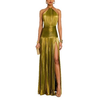 Robe de soirée dorée à col licou pour femme, Chic, couleur unie, plissée, dos nu, fente sur les hanches, mode, tendance, tenue de soirée