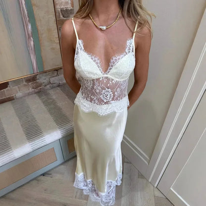 Robe longue sans manches en dentelle patchwork pour femme, dos nu, épaules dénudées, transparente, col en V, slim, maxi vestidos 2026, robe de vacances pour femme