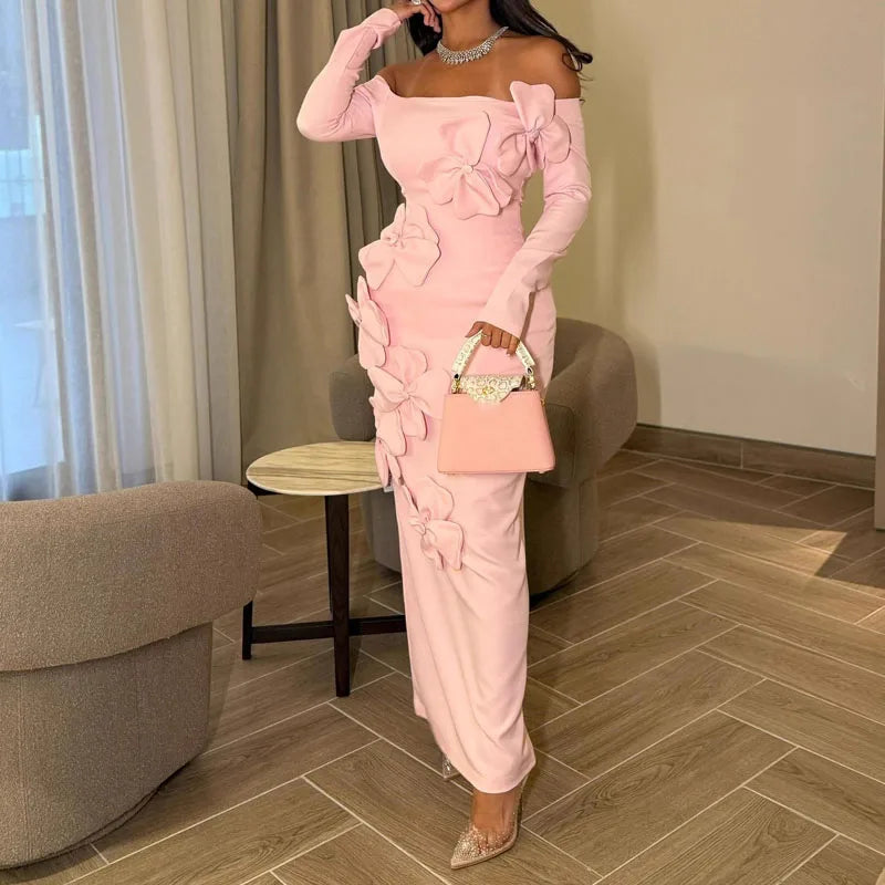 Robe longue élégante, épaules dénudées, manches longues, slim, mode fleur dimensionnelle, rose, portefeuille aux hanches, Sexy, dos nu, couleur unie