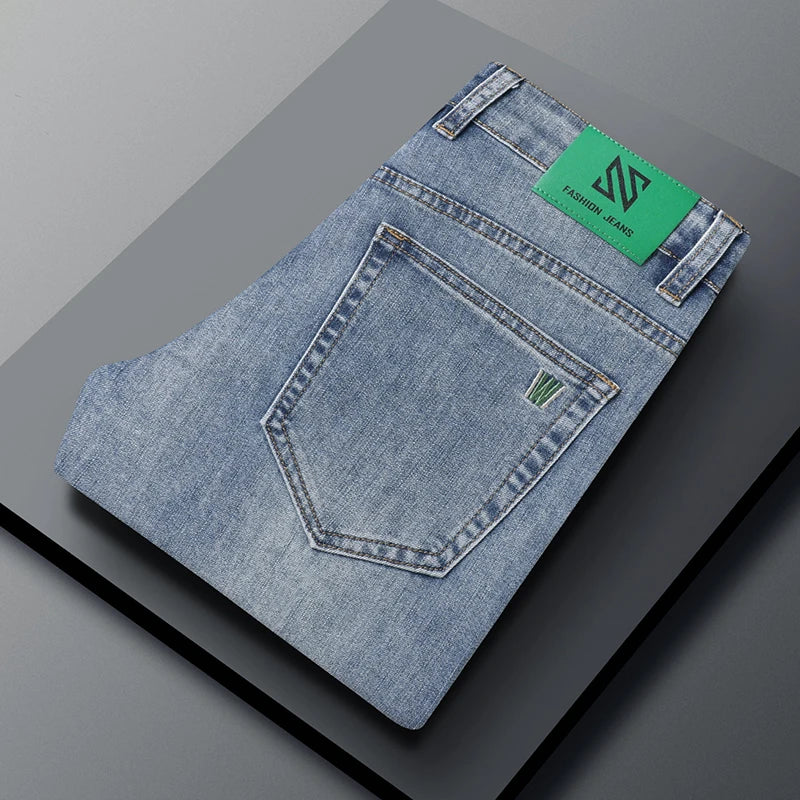 Pantalones vaqueros elásticos de algodón para hombre, Vaqueros de mezclilla finos informales de negocios, color gris, primavera y verano, nuevo ajuste recto y ligero