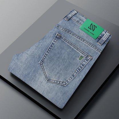Pantalones vaqueros elásticos de algodón para hombre, Vaqueros de mezclilla finos informales de negocios, color gris, primavera y verano, nuevo ajuste recto y ligero