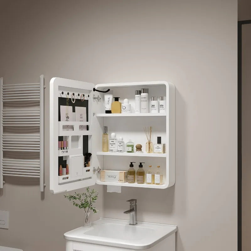 ‌ Armoire à miroir en aluminium à espace rond d'angle intelligent, rangement mural pour salle de bain avec étagères, organisateur de vanité pour armoire à médicaments
