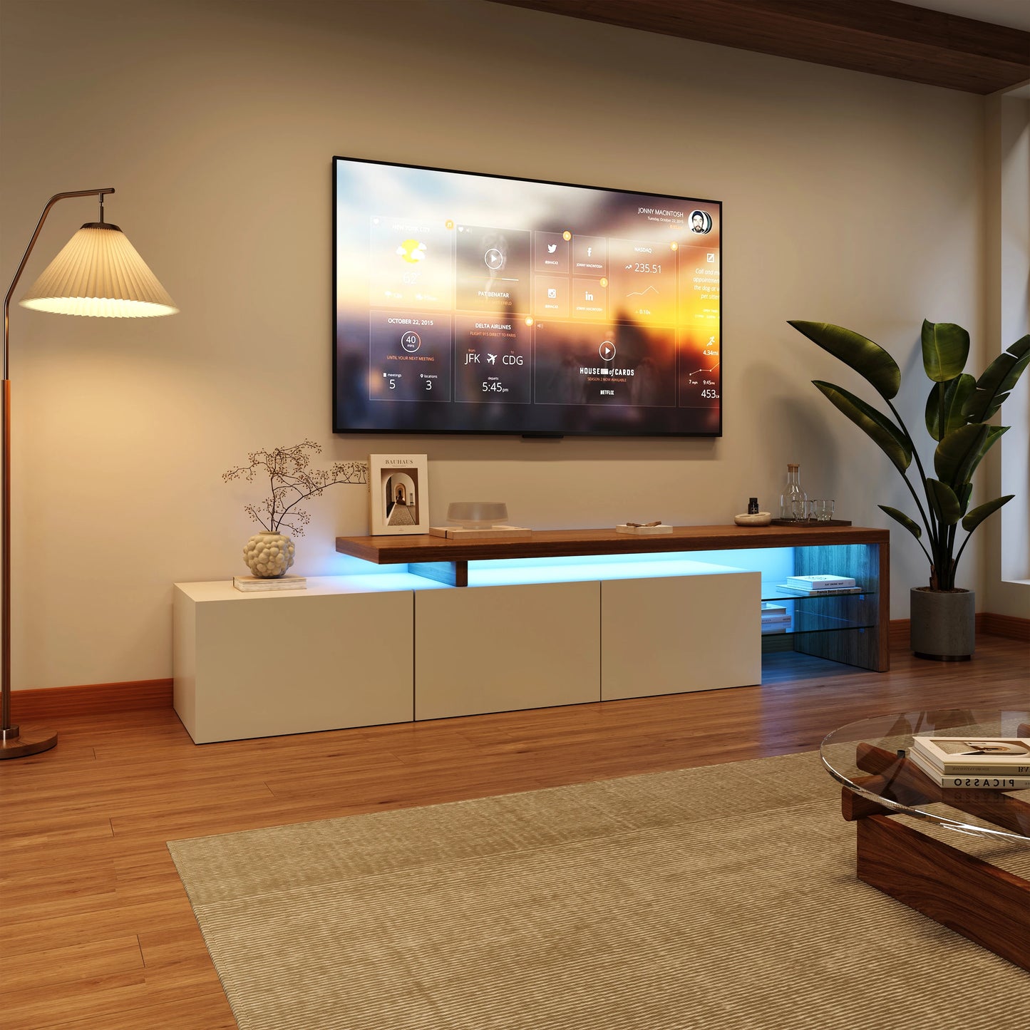 Rosahqnda TV Cabinet for Living Room,TV Lowboard,Sideboard, with LED,2 Glass Partition,3 Drawers,White High Gloss