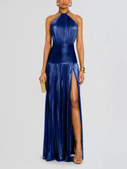 Robe de soirée dorée à col licou pour femme, Chic, couleur unie, plissée, dos nu, fente sur les hanches, mode, tendance, tenue de soirée