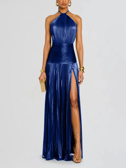 Robe de soirée dorée à col licou pour femme, Chic, couleur unie, plissée, dos nu, fente sur les hanches, mode, tendance, tenue de soirée