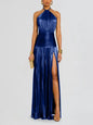 Robe de soirée dorée à col licou pour femme, Chic, couleur unie, plissée, dos nu, fente sur les hanches, mode, tendance, tenue de soirée