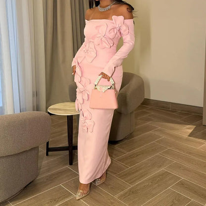 Robe longue élégante, épaules dénudées, manches longues, slim, mode fleur dimensionnelle, rose, portefeuille aux hanches, Sexy, dos nu, couleur unie