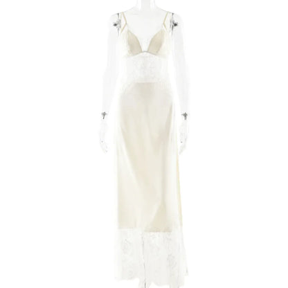 Robe longue sans manches en dentelle patchwork pour femme, dos nu, épaules dénudées, transparente, col en V, slim, maxi vestidos 2026, robe de vacances pour femme