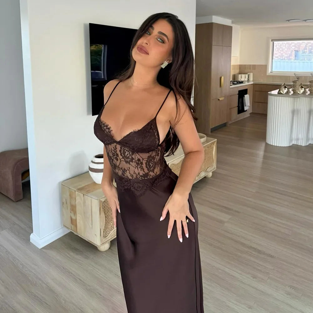 Robe longue sans manches en dentelle patchwork pour femme, dos nu, épaules dénudées, transparente, col en V, slim, maxi vestidos 2026, robe de vacances pour femme