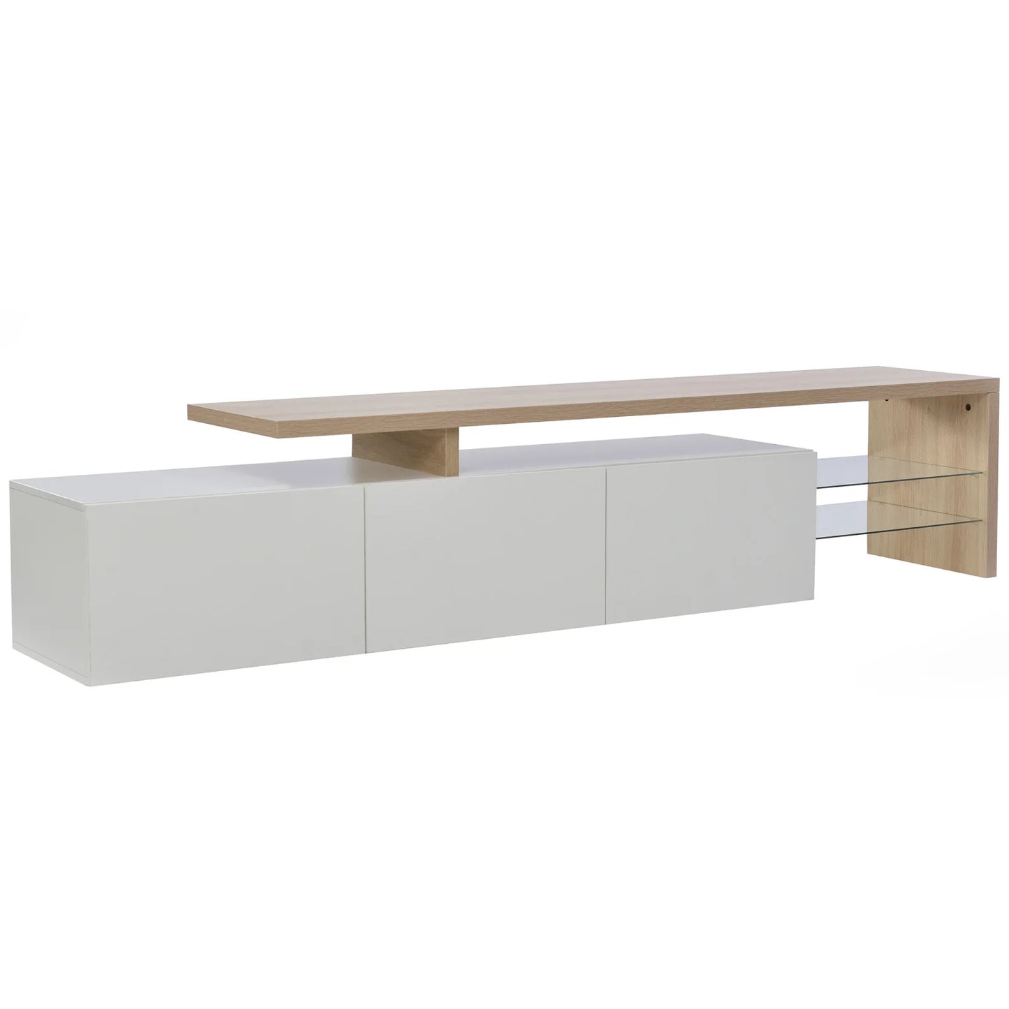 Rosahqnda TV Cabinet for Living Room,TV Lowboard,Sideboard, with LED,2 Glass Partition,3 Drawers,White High Gloss