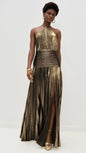 Robe de soirée dorée à col licou pour femme, Chic, couleur unie, plissée, dos nu, fente sur les hanches, mode, tendance, tenue de soirée